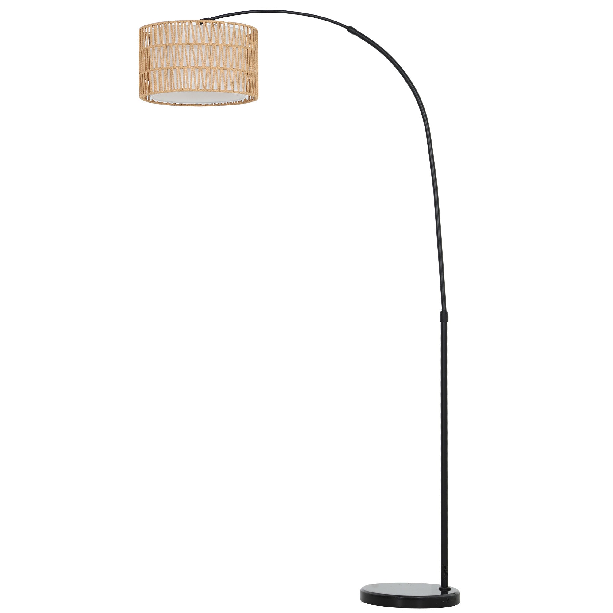 Gulvlampe med hamprebskærm, højdejusterbar, fodkontakt, metal, sort