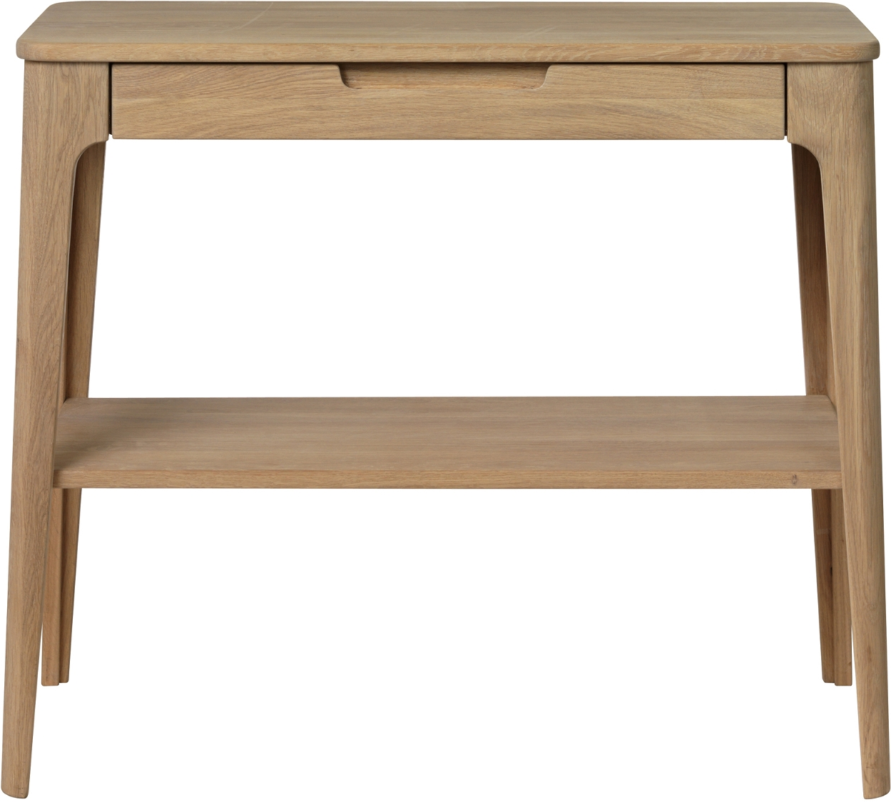 Konsolbord Amalfi Nordique Design i massiv egetræ med sort metalbase, skuffe og åben hylde H78xB37xD90 cm