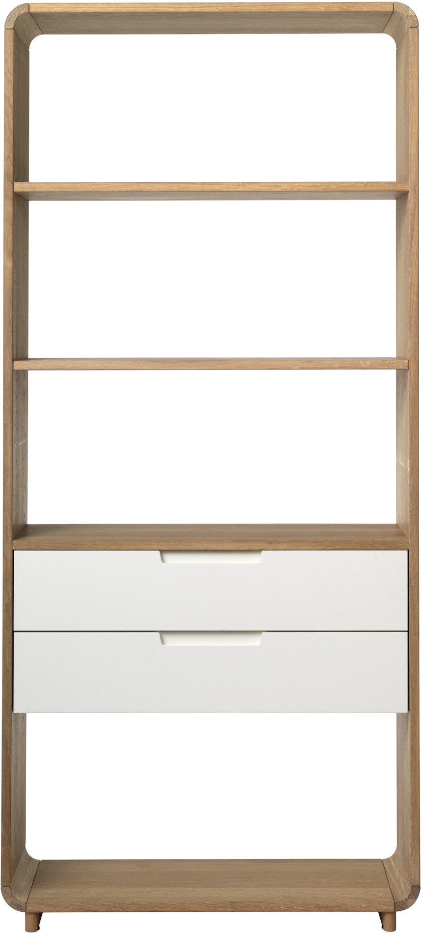 Reol Nordique Design Amalfi  -  Bogreol Opbevaringsreol i natur egetræ og hvid MDF, 4 hylder & 2 skuffer, H194xB30xL82 cm