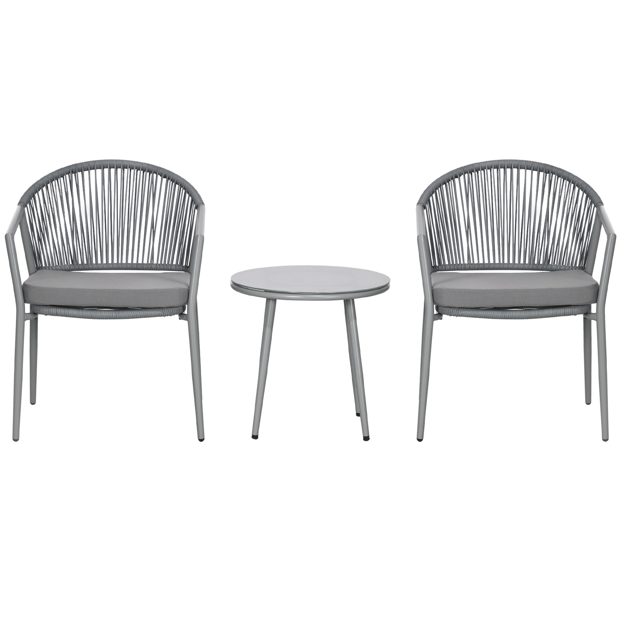 Havemøbelsæt, 2 stole og 1 bord med glasplade, rattan-look, vejrbestandig, metalstel, grå