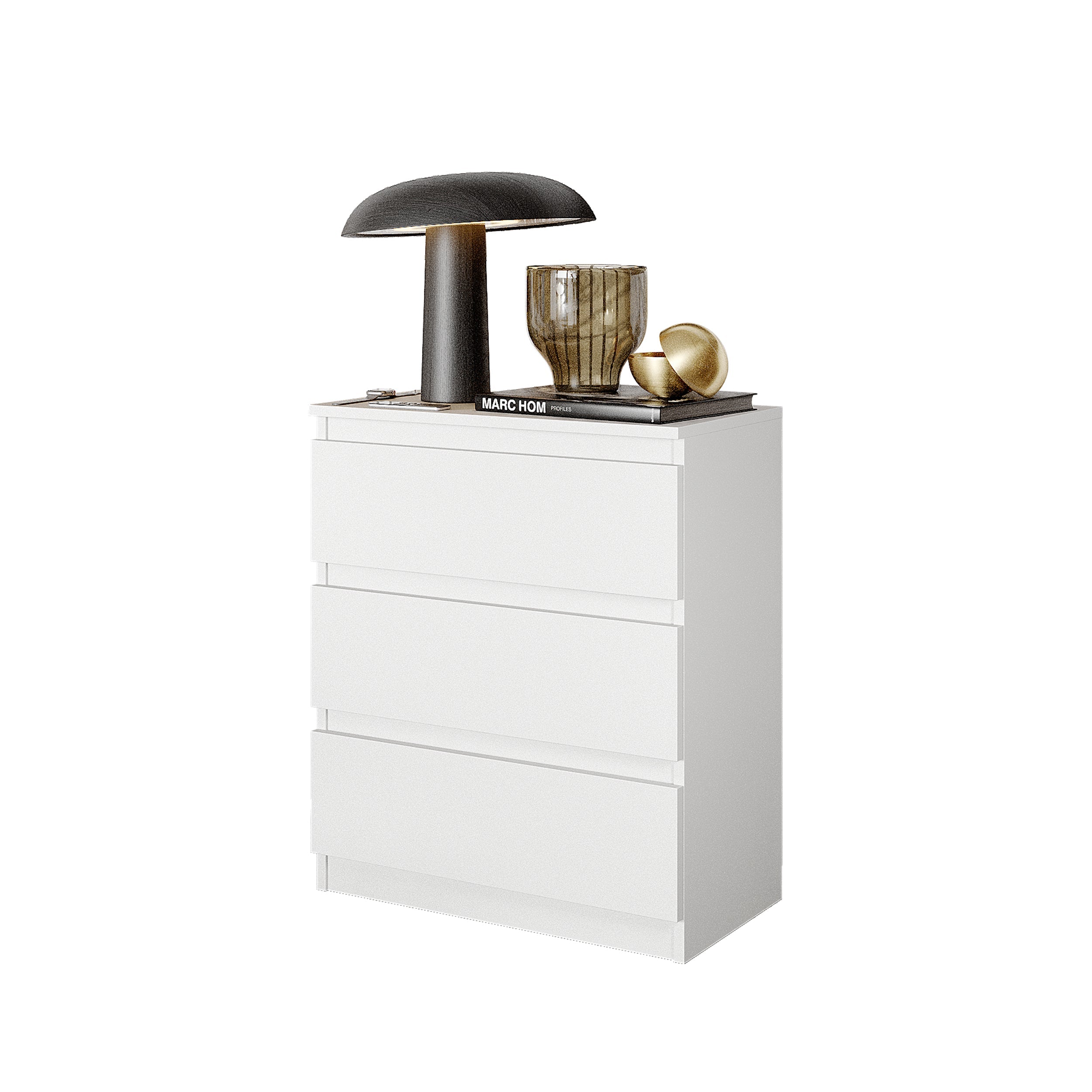 GABRIEL - Natbord / sengebord med 3 skuffer - Hvid Mat - H72cm B60cm D33cm
