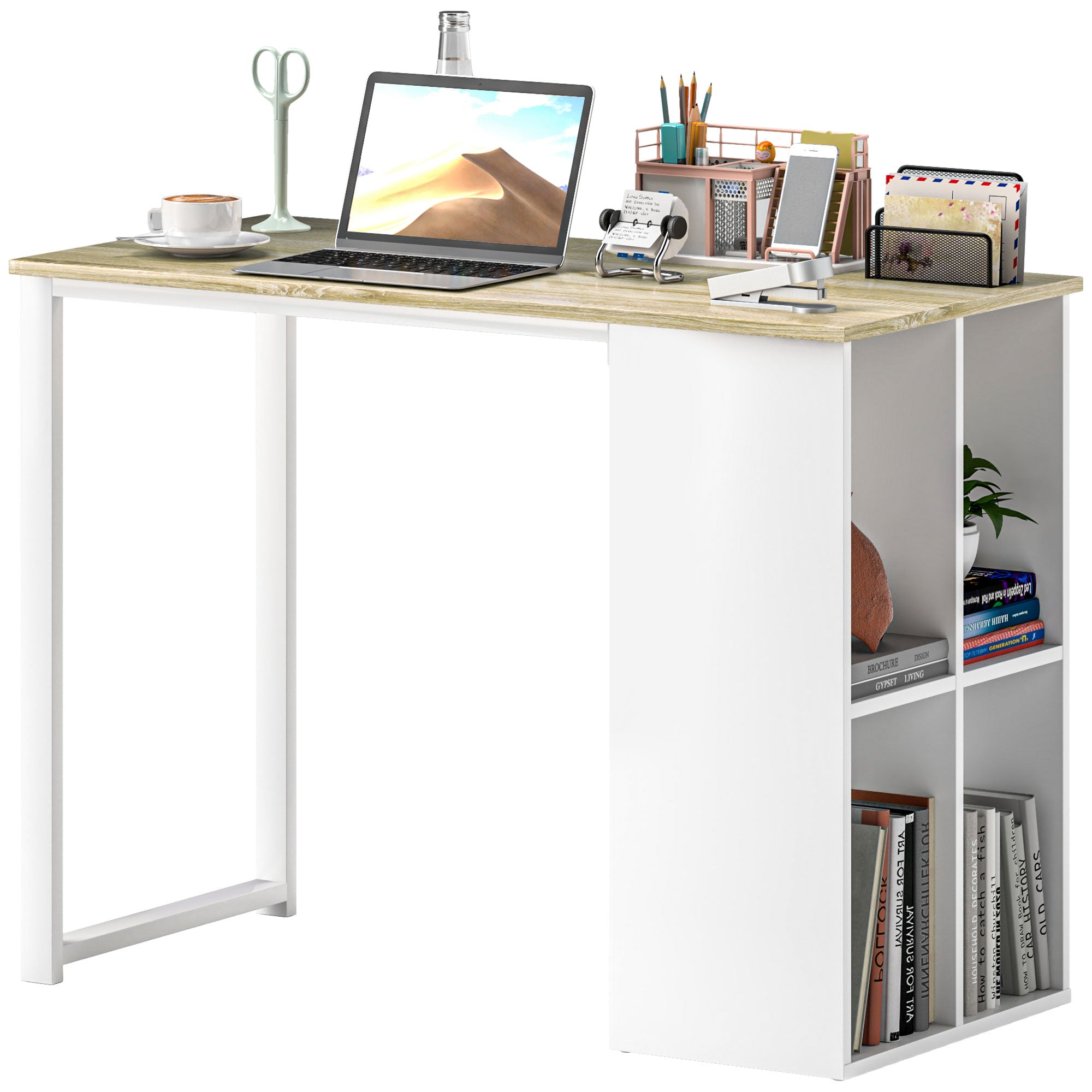 Kompakt computerbord, moderne skrivebord med opbevaringsrum, til små rum, 100 x 54 x 75 cm, hvid