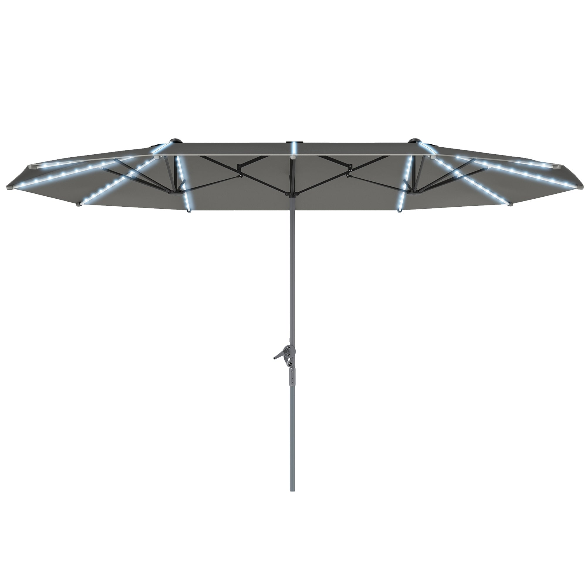 Dobbeltparasol med solcellelys, aluminium, polyester, upf 50+ beskyttelse, uv-resistent, terrasseparasol, mørkegrå