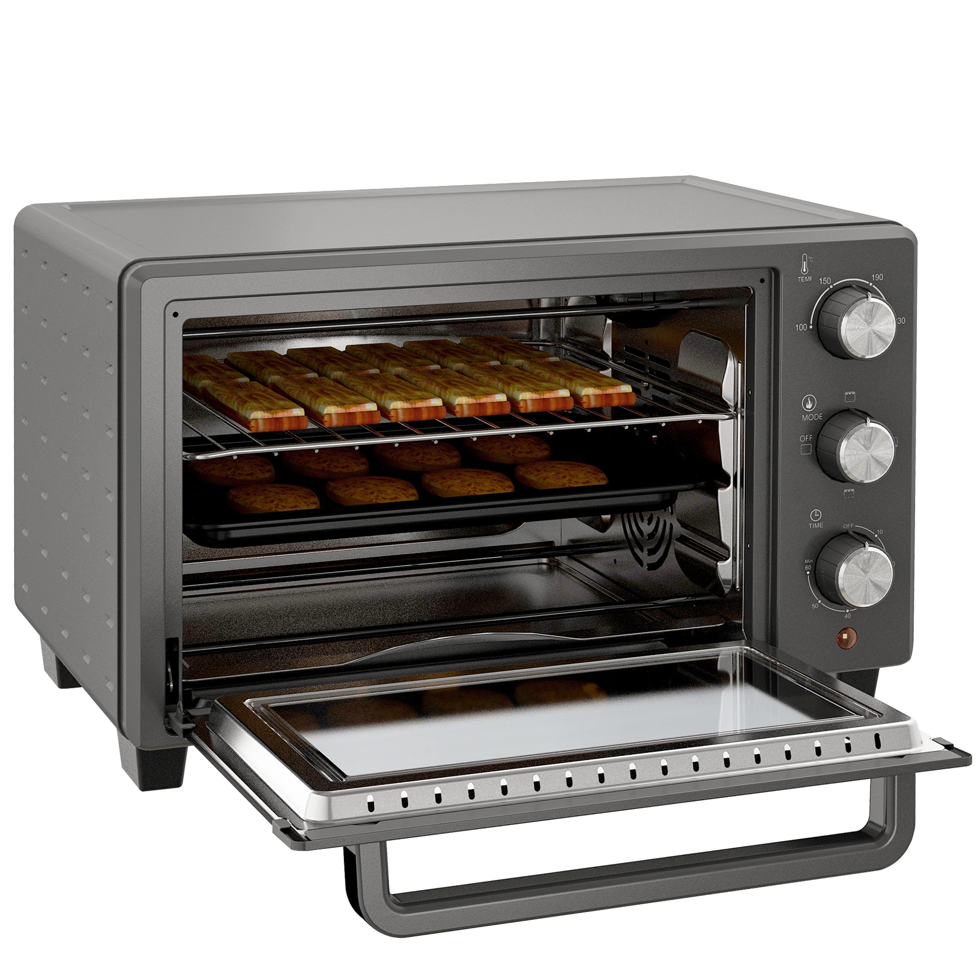 Miniovn, 21 l brødristerovn, 1 rist og 1 bageplade, 3 tilberedningstilstande, 100Â°c-230Â°c, rustfrit stål, glas, grå