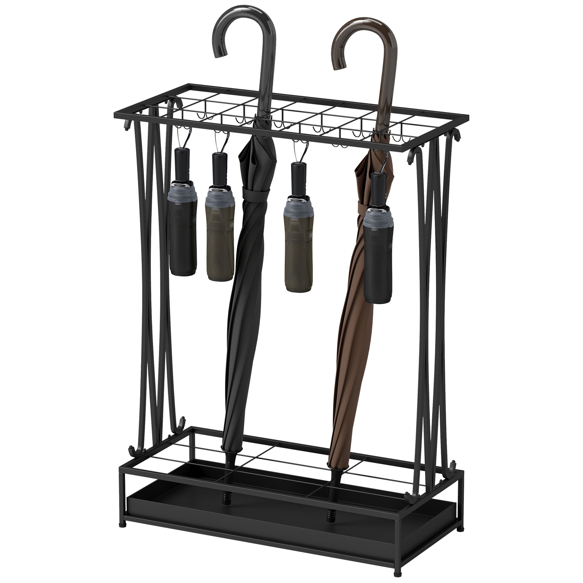Paraplyholder med aftagelig drypbakke, paraplyholder med 21 åbninger og 24 kroge, stål, sort