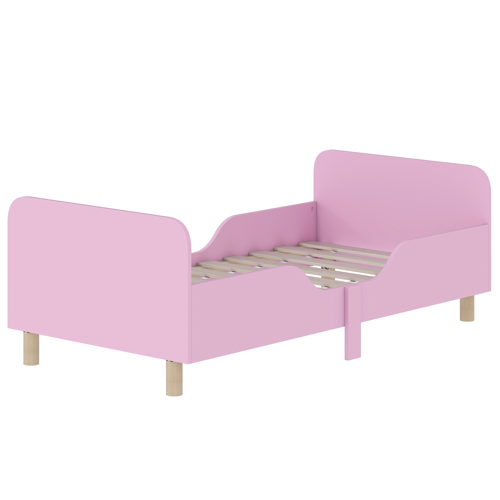 Børnesengramme, enkeltsengramme til børn, sikkerhedsskærm, lille seng til børneværelse, mdf, uden madras, pink