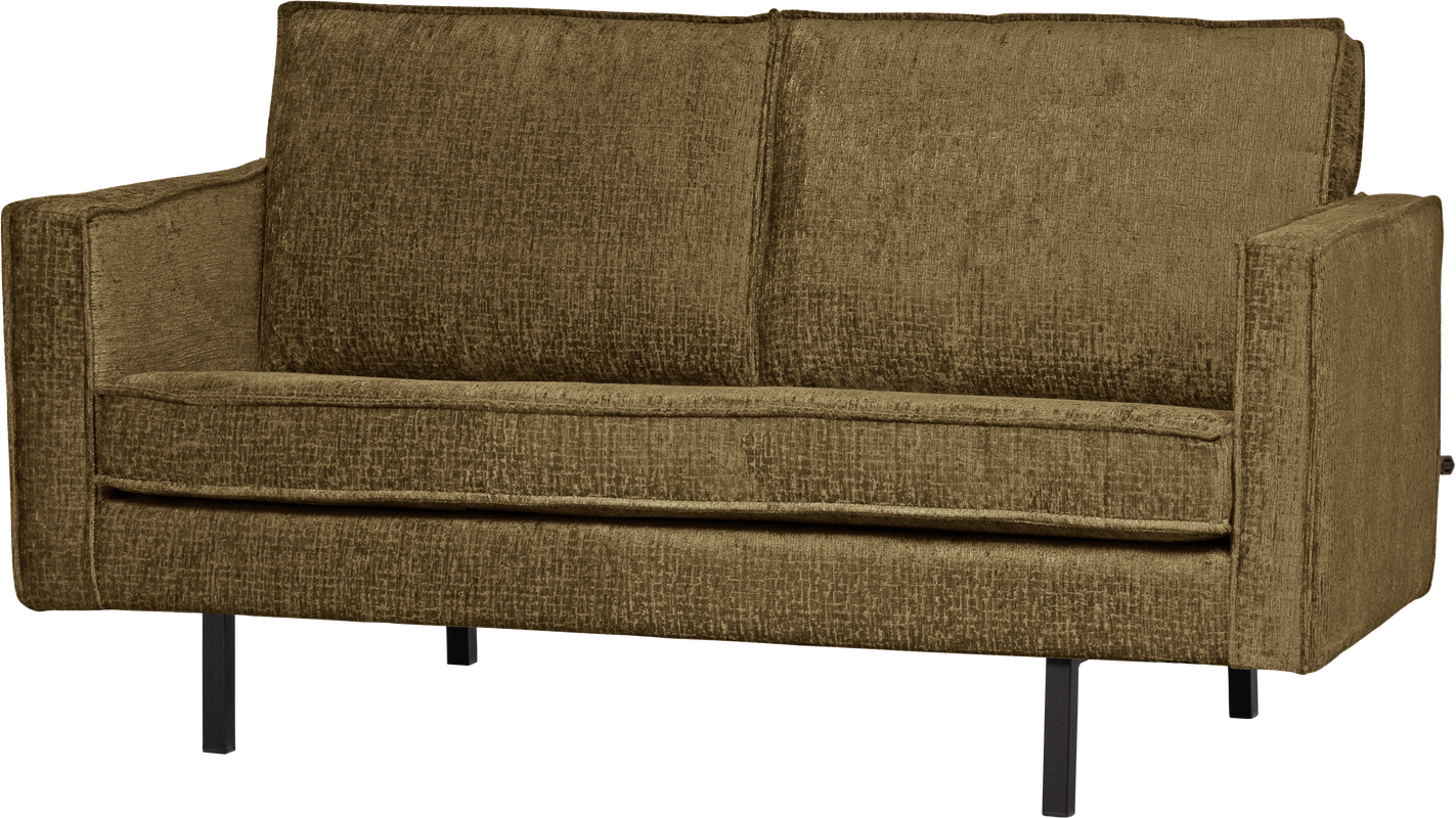 2-personers sofa WOOOD Rodeo, strukturvelour guld brass, kompakt loungesofa 150x86 cm, moderne med høje ben