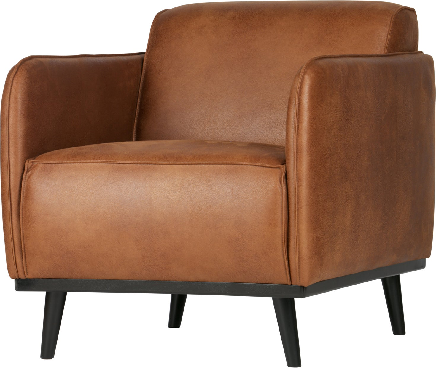 Lænestol WOOOD Statement, cognac kunstlæder, bløde afrundede former, birkeben, H77xB72xD93 cm
