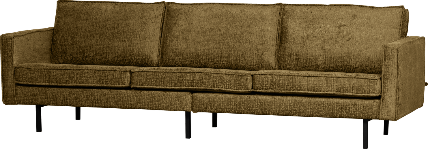 3-personers sofa WOOOD Rodeo - gylden strukturfløjl, voluminøs polstring, højt benstel, fast siddekomfort