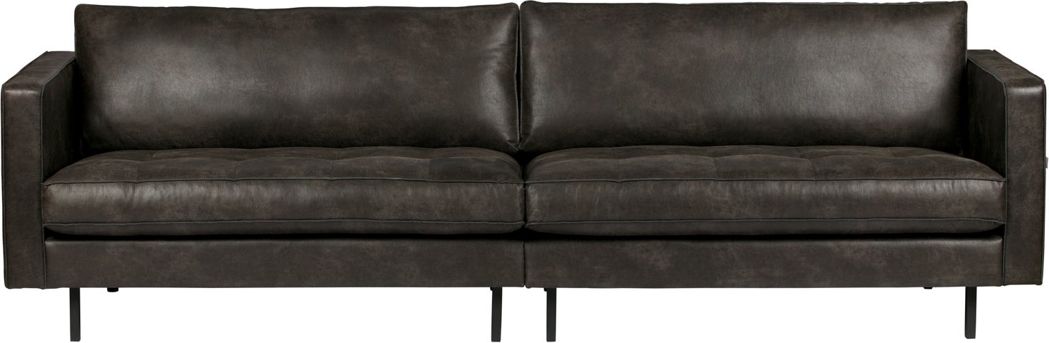 3-personers sofa WOOOD Rodeo Classic, sort ecoleather 70% læder, 275 cm bred, syede sædehynder, sorte metalben