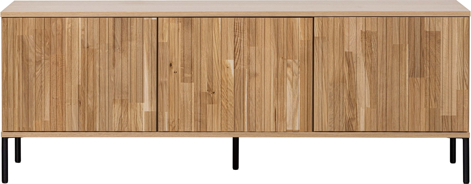 TV-skænk WOOOD Exclusive New Gravure i egetræsfinér, natur og sort metalbase, 3 højdejusterbare hylder, ledningsføring, 150x44x56 cm