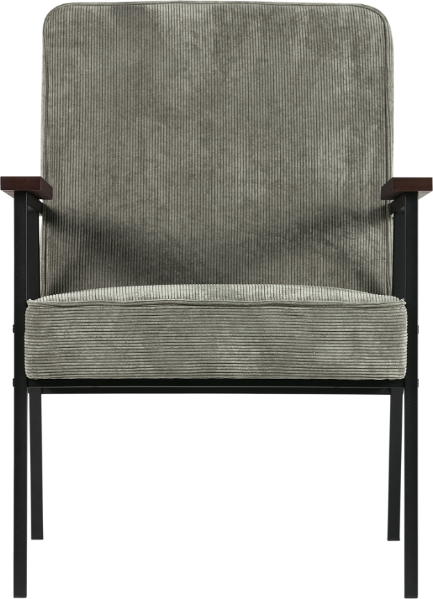 Lænestol WOOOD Sally  -  grågrøn ribbet stof hvilestol med sort metalramme & brune træarmlæn, H87xB65xD82 cm