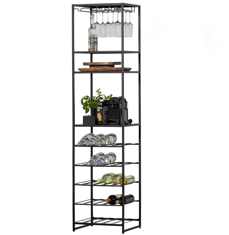 Vinreol WOOOD Reese i mat sort pulverlakeret jern H185ÃB45ÃD40 cm til 25 flasker & 4 glas