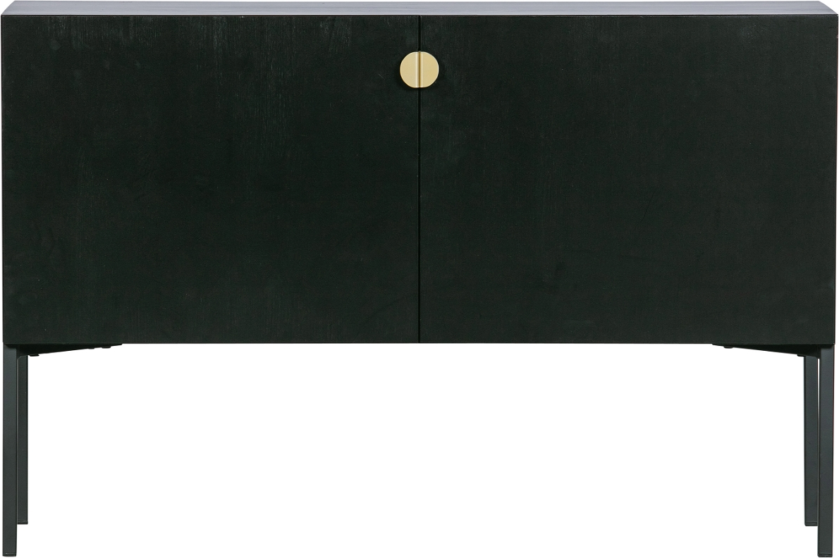 Sidebord WOOOD Hero i sort massivt fyrretræ med guld-håndtag, metalstel, L116 x D35 x H76 cm
