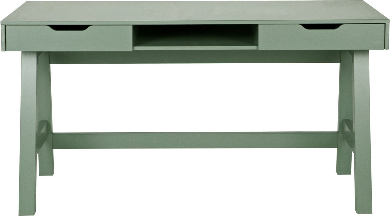 Skrivebord WOOOD Nikki, massivt fyrretræ jadegrøn, L140ÃD62ÃH75 cm, 2 skuffer & åben hylde
