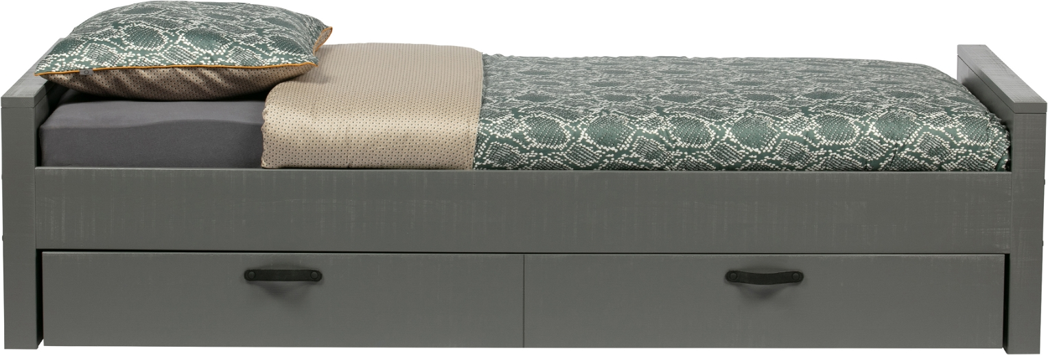 Juniorseng WOOOD Morris i gråt FSC-certificeret massivt fyrretræ med råsavsfinish, plads til 90Ã200 cm madras, mulighed for sengeskuffe