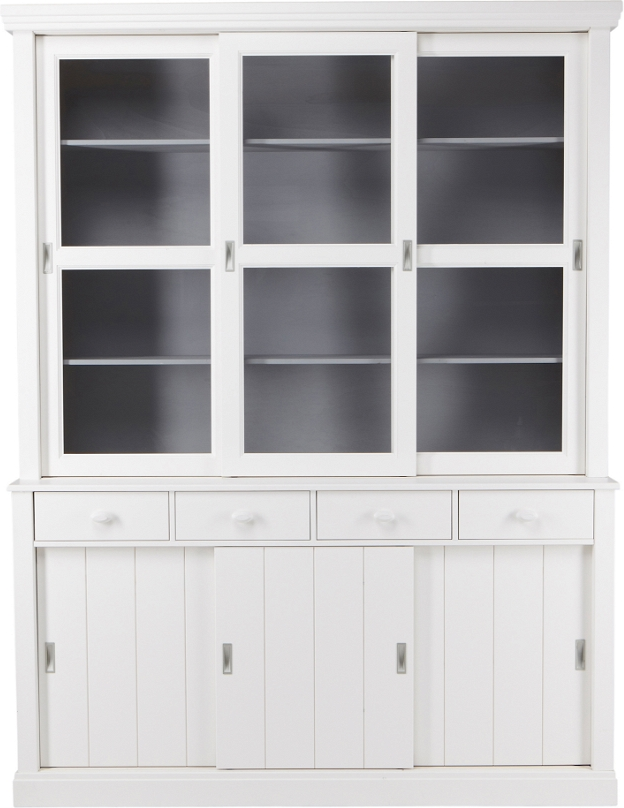 Vitrineskab WOOOD Lagos i hvidt fyrretræ med 3 glas-skydedøre & 4 skuffer  -  166Ã48Ã214 cm