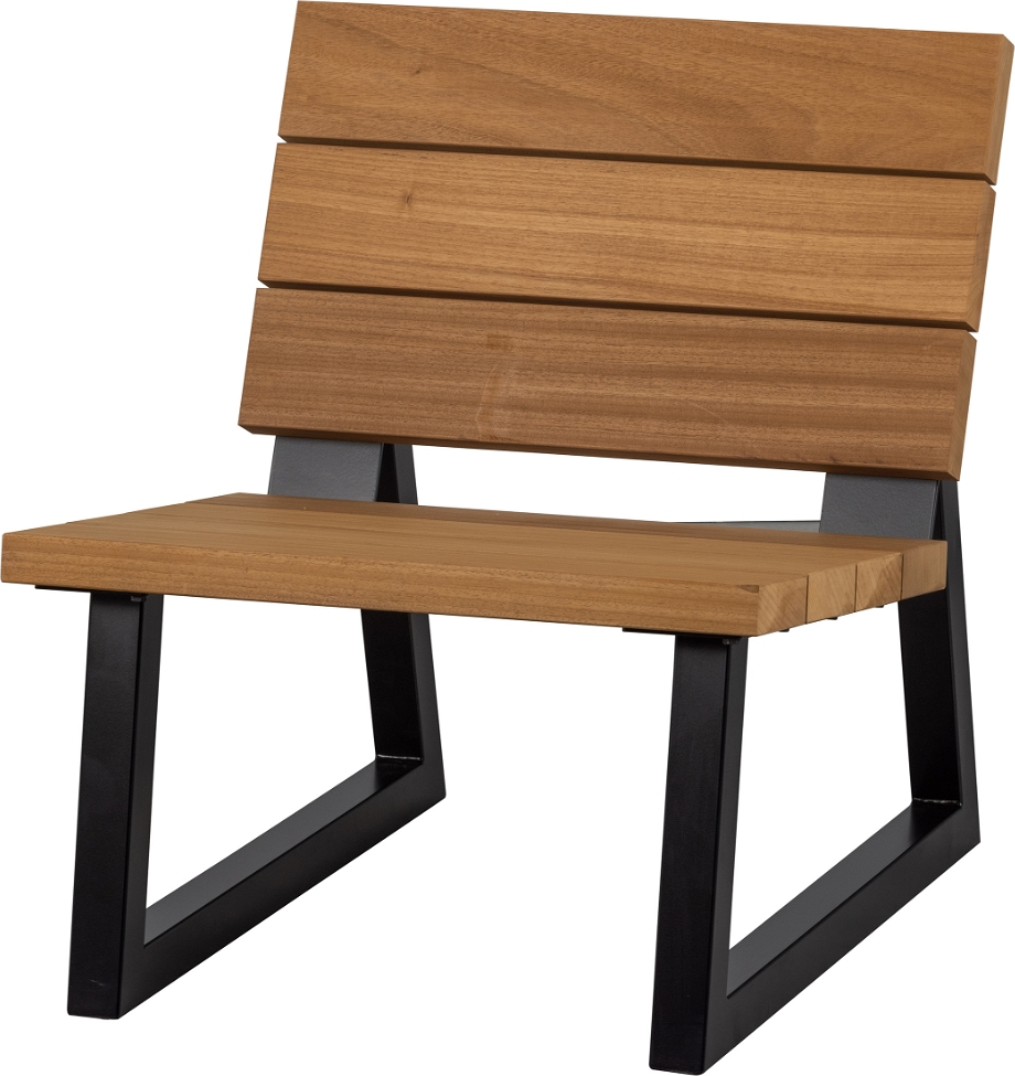 Udendørs lænestol WOOOD Banco i FSC-certificeret Thermo Ayous træ & mat sort metalstel, H78ÃB68ÃL82 cm, natur/sort