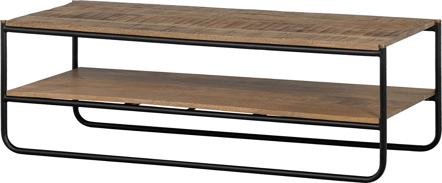 Sofabord WOOOD Rikkie natur i mangotræ og sort metal L120xD51xH40 cm  -  rustik industrielt loungebord