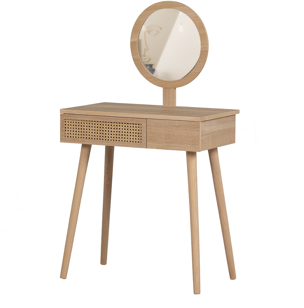 Sminkebord WOOOD Soof natur  -  kompakt MDF & fyrretræ med 2 skuffer & rundt spejl, skandinavisk design, FSC-certificeret