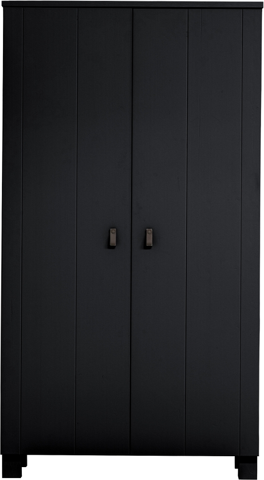 Garderobeskab WOOOD Ties  -  FSC-certificeret sort fyrretræ med børstet finish, brune læderhåndtag, H202ÃB111ÃD55 cm