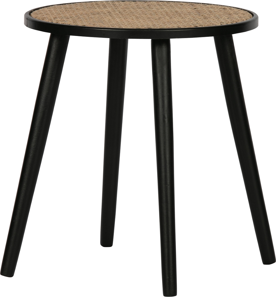 Sidebord WOOOD Ditmer Ø39 x H44 cm i MDF & naturlig rattan med sorte fyrretræsben