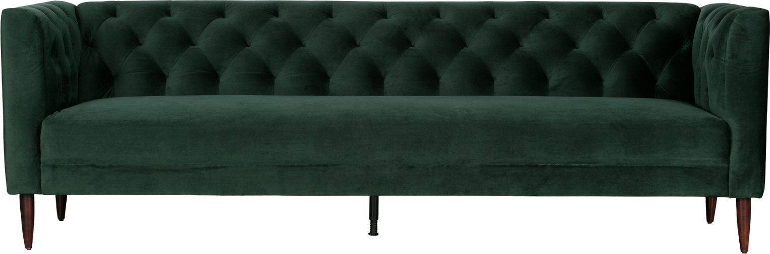 3-personers sofa WOOOD Nisa mørkegrøn fløjlstof  -  elegant kapitonering, sorte metalben