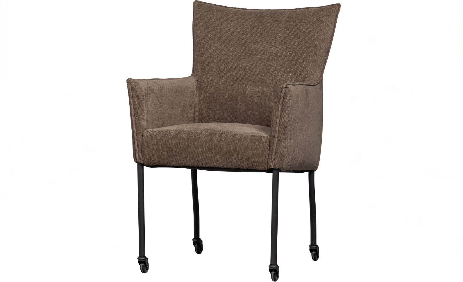 Spisebordsstol WOOOD Ezra med armlæn  -  brun polyester, mat sort metalramme med hjul, H94ÃB56ÃD64 cm