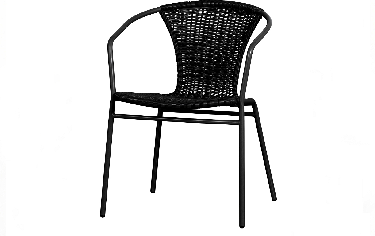 Udendørs spisebordsstol med armlæn WOOOD Weston, sort metalstel & flettet syntetisk rattan, stabelbar