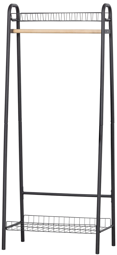 Tøjstativ WOOOD Jovi  -  metal garderobestativ med træstang & 2 trådhylder, mat sort, H167ÃB70ÃD41 cm
