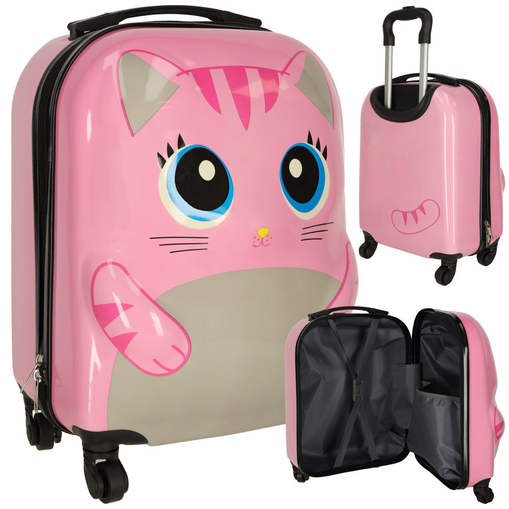 Børne kuffert på hjul, kat, pink