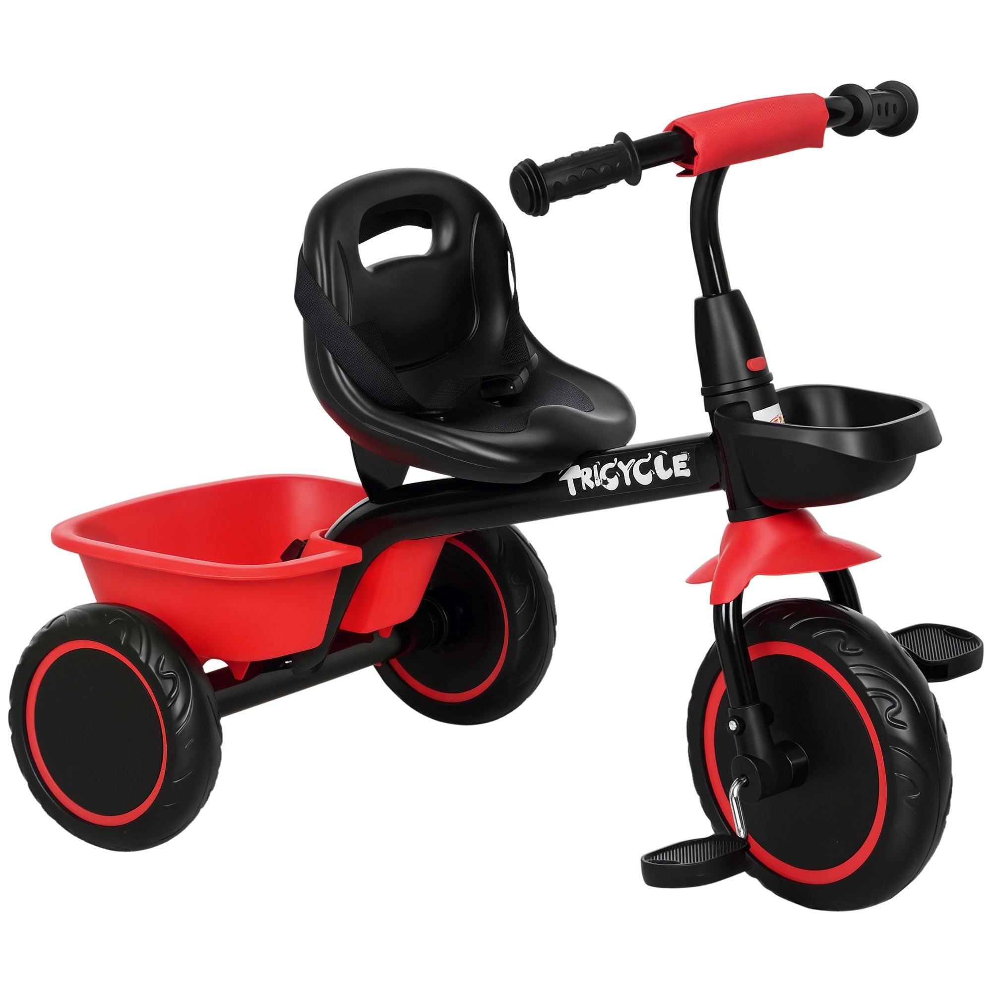 Børnetrecykel med hoftesele, 2 kurve, højdejusterbart sæde, metalstel, til børn 2-5 år, sort+rød