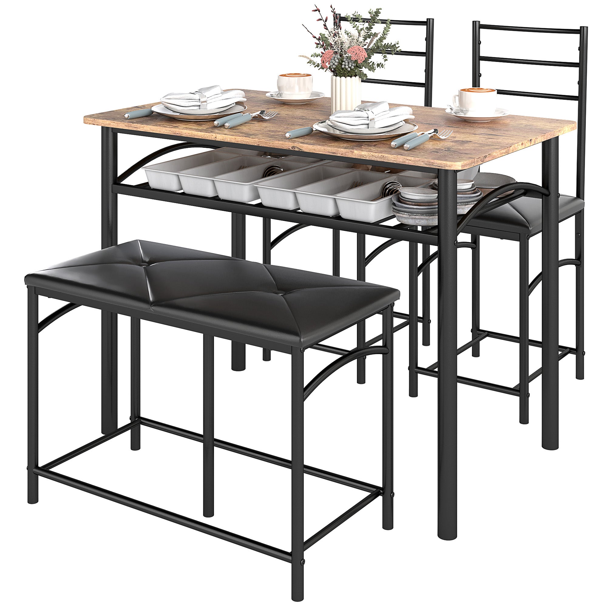 4-Delt spisebordssæt, pladsbesparende sæt med bord, 2 stole og bænk, til små rum, metal, træ, brun