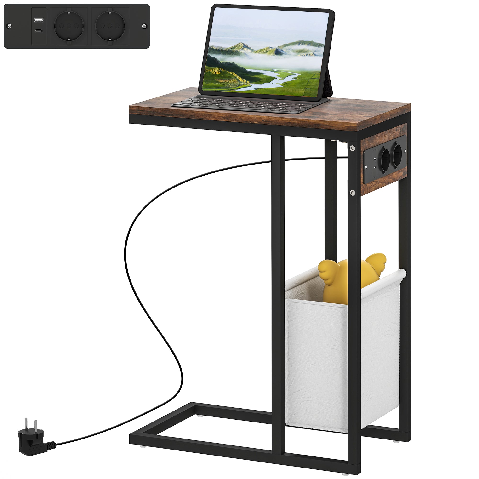 Sidebord med stikkontakter, usb-porte, kabel, c-formet design