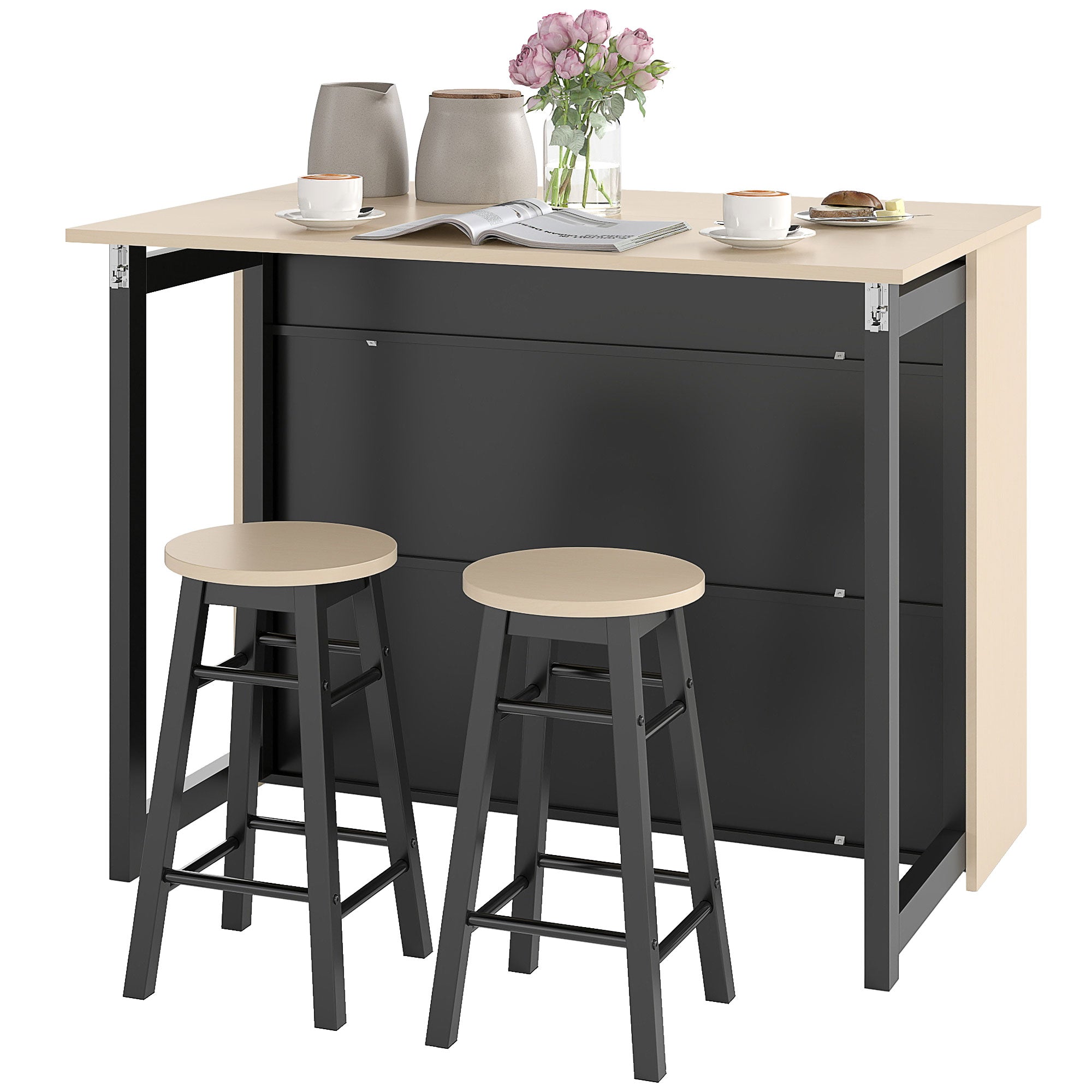 3-Delt barsæt, barbord med foldbar bordplade, 2 barstole, 6 opbevaringsrum, sort + eg, 116 x 70 x 89,5 cm