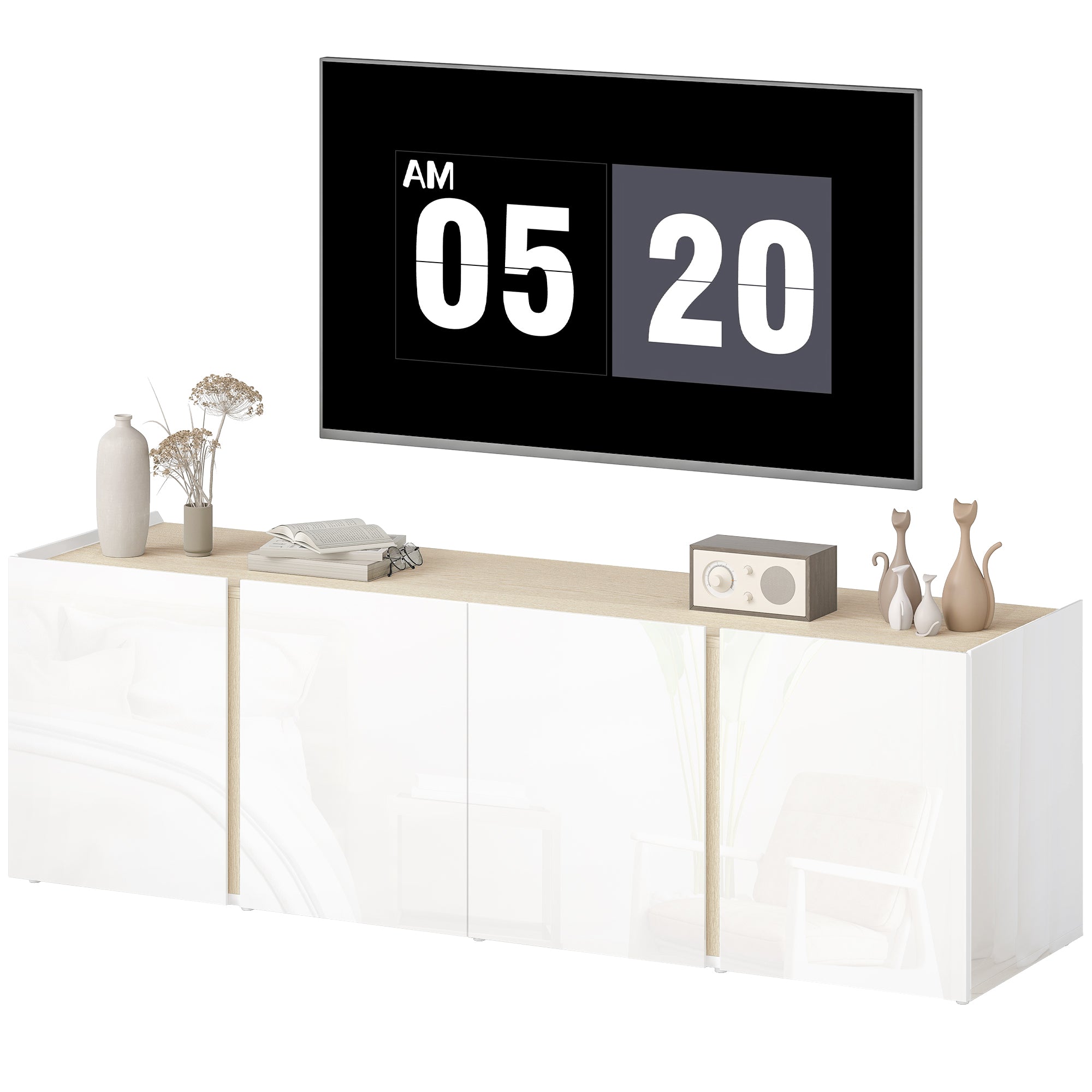 Tv-bord til 65-tommer, tv-skab med soft-close-døre, justerbare hylder, kabelhuller, til stue, hvid