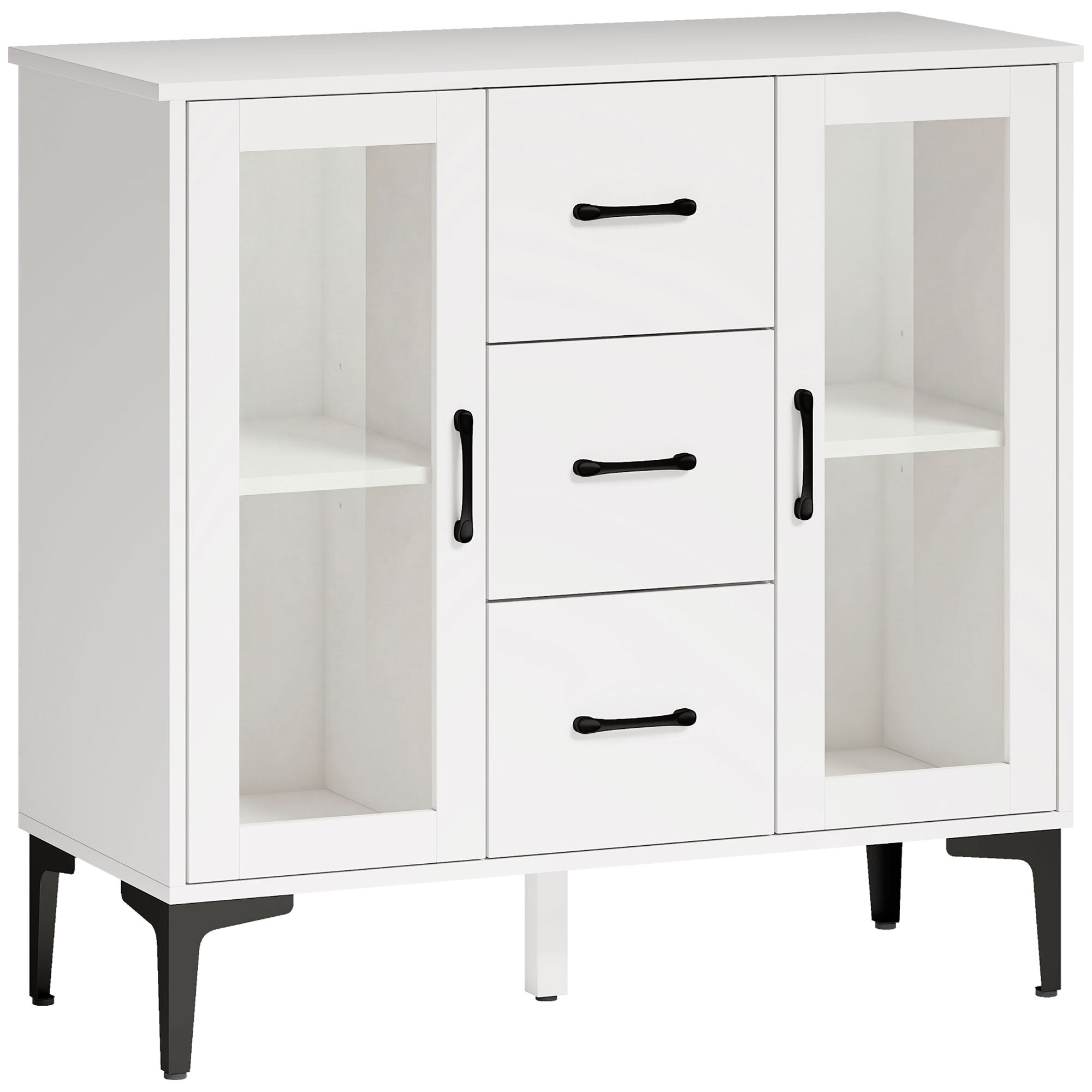 Moderne skænk med soft-close døre, buffetskab med 3 skuffer, 2 vitrinedøre, justerbare hylder, MDF, hvid