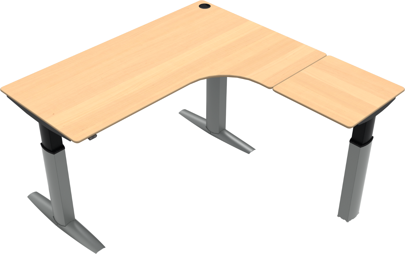 Tre-bens L-form hæve-/sænkebord ZenNord ElevateLine natur bøg/sølv højdejusterbart 68-120 cm