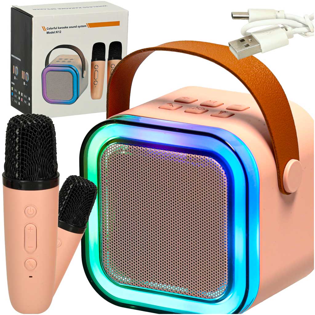 Karaoke-sæt 2 mikrofoner + bærbar højttaler BLUETOOTH USB LED pink