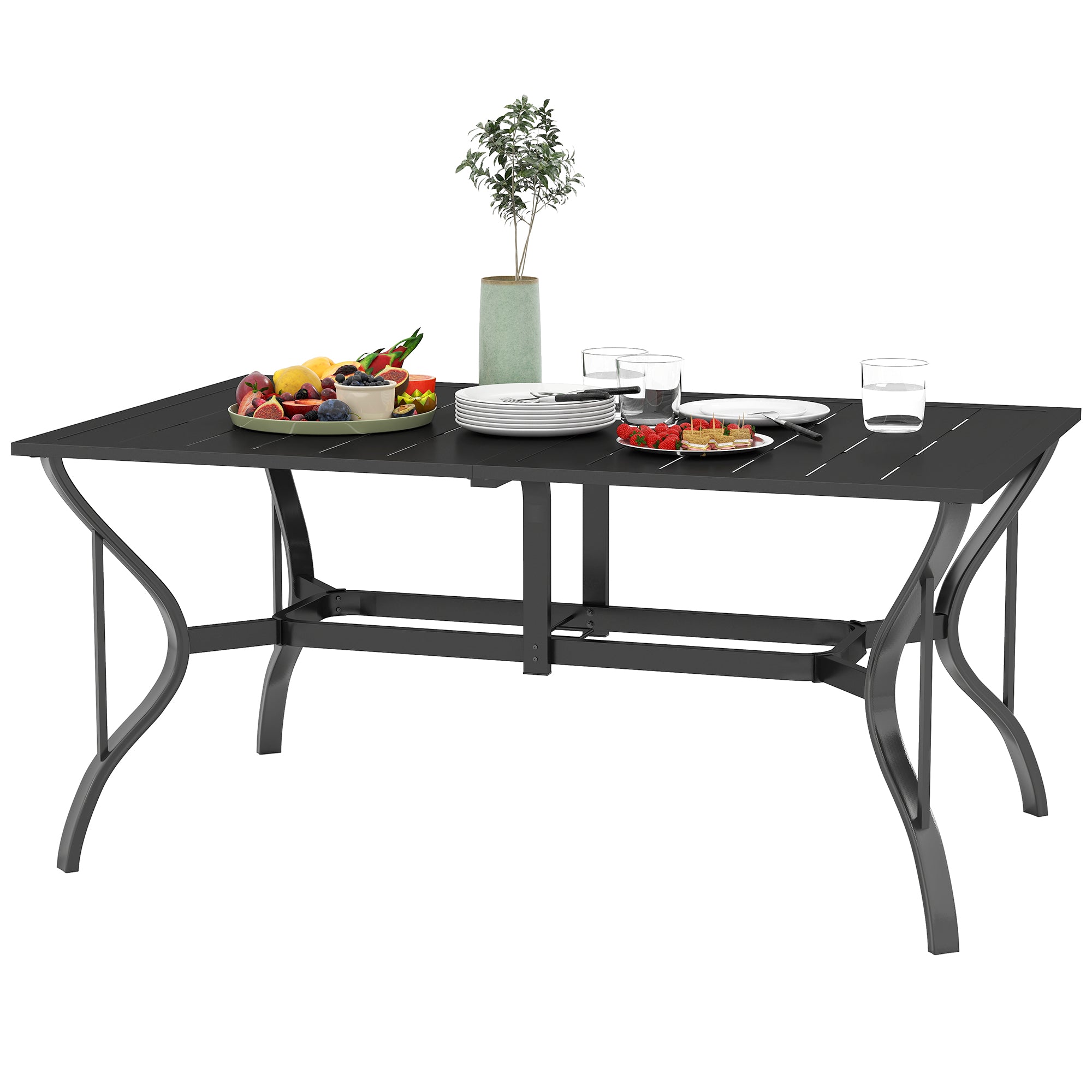 Havebord stål 150x90 cm vejrbestandigt balkonbord med parasolhul, lameldesign til 6 personer sort