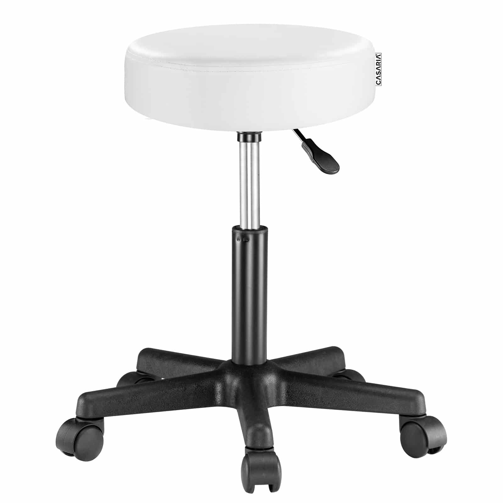 Skammel med hjul, hvidt faux læder, Højdejusterbar 360Â°, drejelig