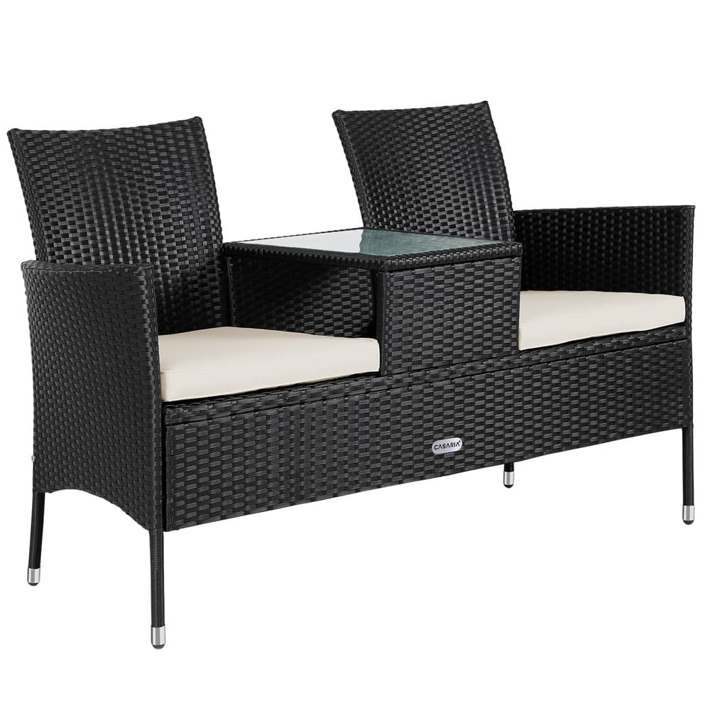 Polyrattan havebænk med bord sort 143x55x88 cm