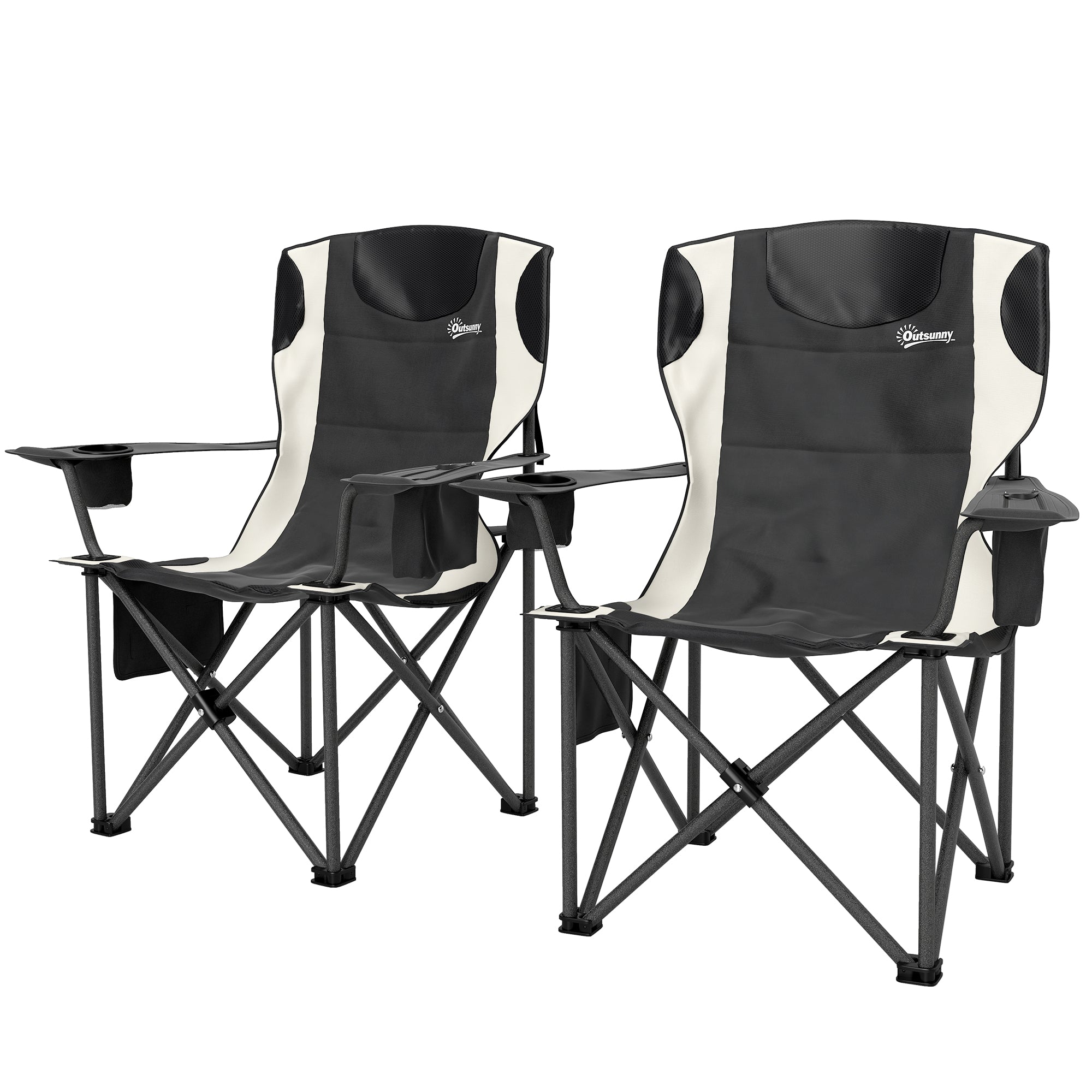 Sæt med 2 foldbare campingstole med armlæn, kopholder, nakkestøtte og køletaske, sort