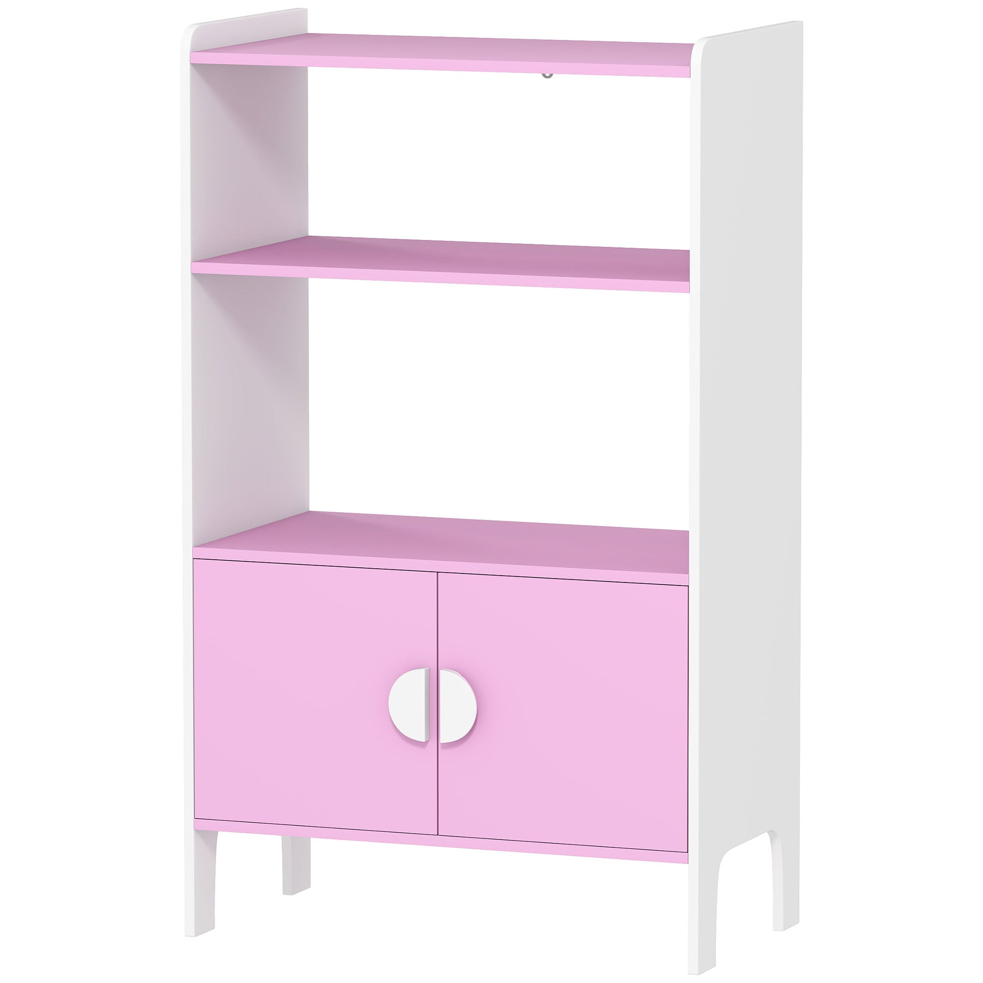 Børnebogsreol, 2 hylder, 2 skabe, fritstående, anti-tip design, skridsikre ben, mdf, pink+hvid