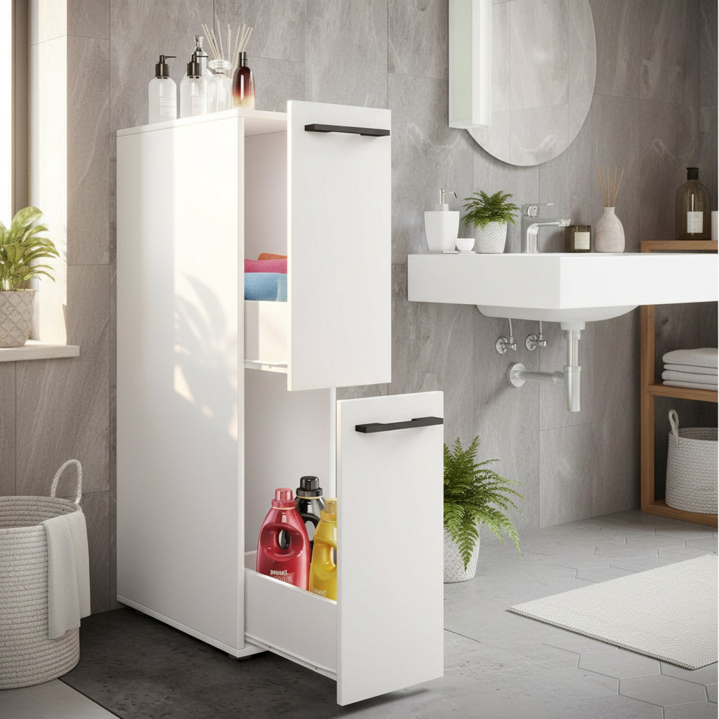 Pladsbesparende rullevogn til badeværelse og køkken, h. 110 x b. 25 x d. 50 cm, hvid