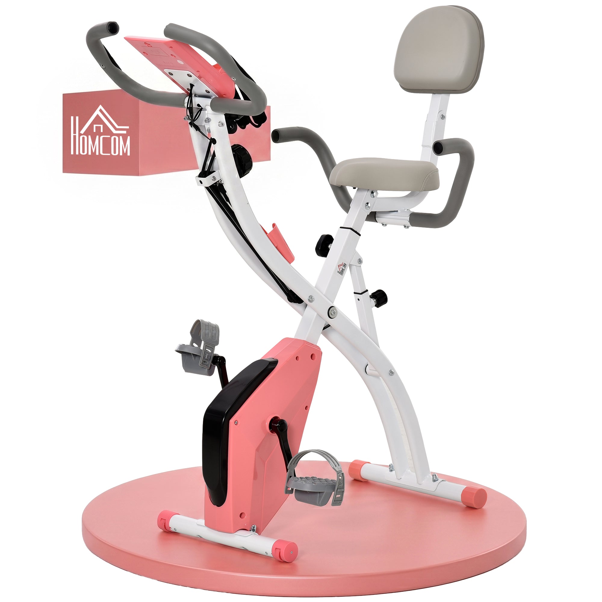 2-i-1 motionscykel med LCD-display, justerbar pulsmåler, sæde og hjul; foldbar motionscykel med 8 niveauer af magnetisk modstand, spændekabel og stålstel.