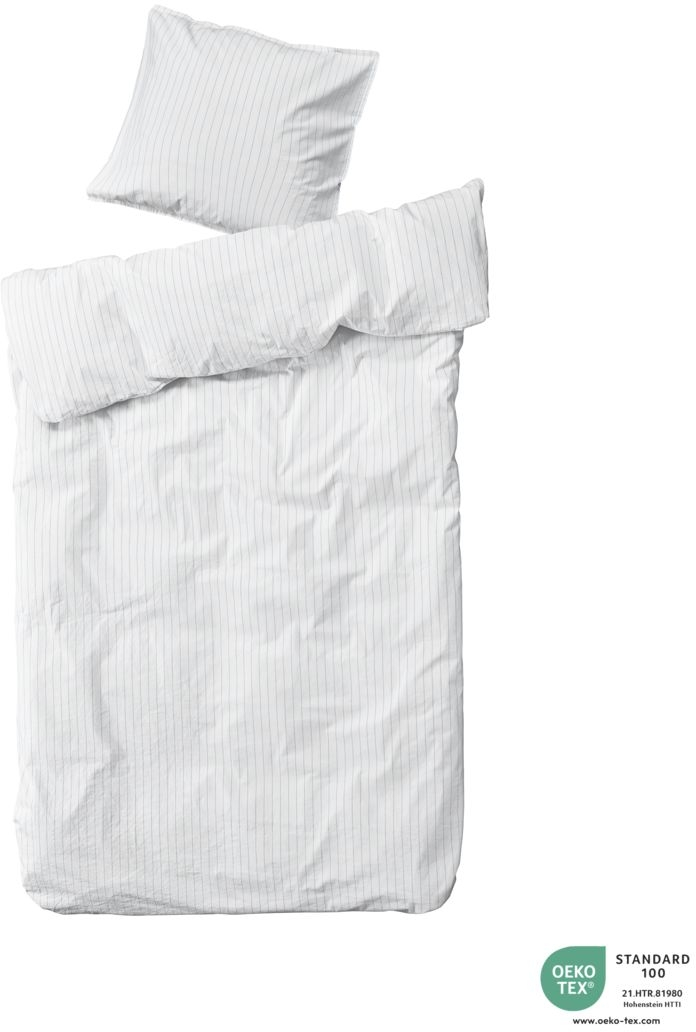 Sengesæt byNORD Dagny 150Ã210 cm dynebetræk & pudebetræk i økologisk percalebomuld Snow med blågrå nålestriber