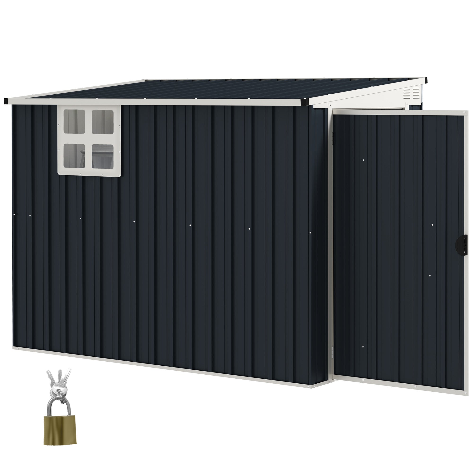 Haveskur, redskabsskur til haveredskaber, vinduer, ventilationsåbninger, aflåselig, stål, mørkegrå
