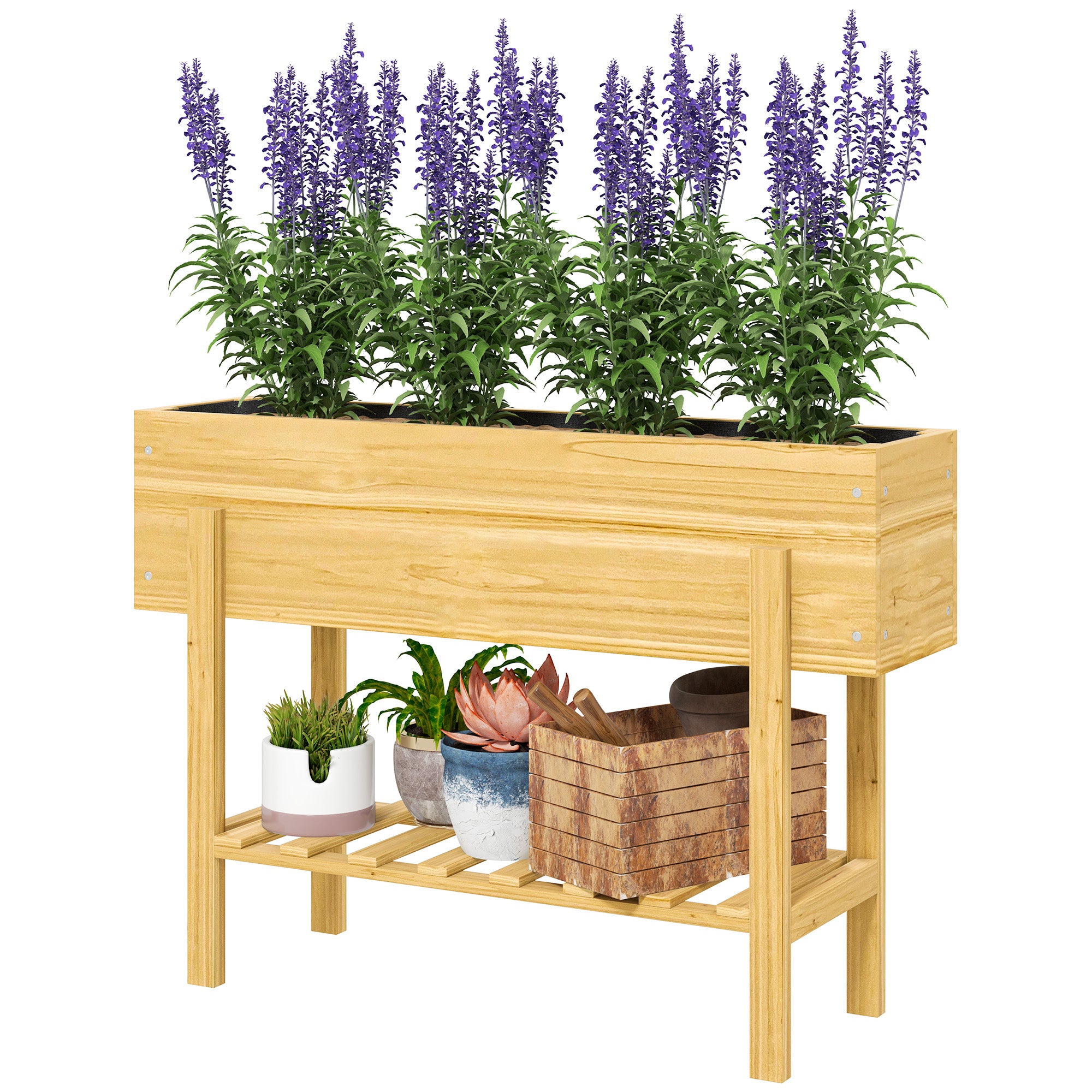 Blomsterkasse med nederste hylde, træbed med fleeceforing og drænhuller, 100 x 30 x 70,5 cm, naturtræ