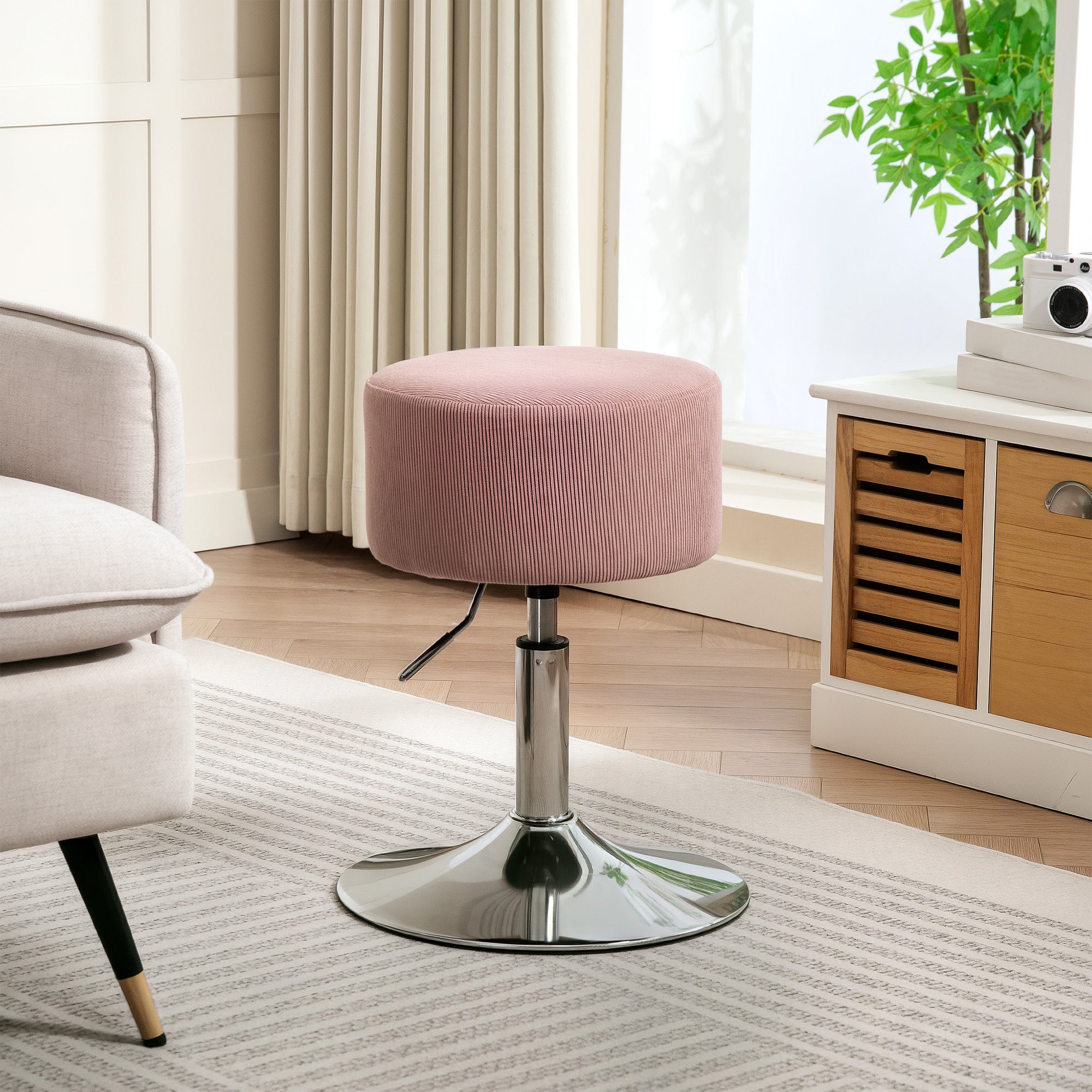 Barstol, polstret barstol med metalstel, corduroy look, højdejusterbar 360Â° drejelig pink